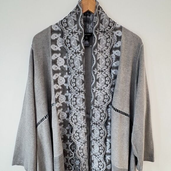 Ali Miles Lace Collar Open Front Cardigan Sweater 1X Gray Artsy Lagenlook Flowy - Picture 2 of 11